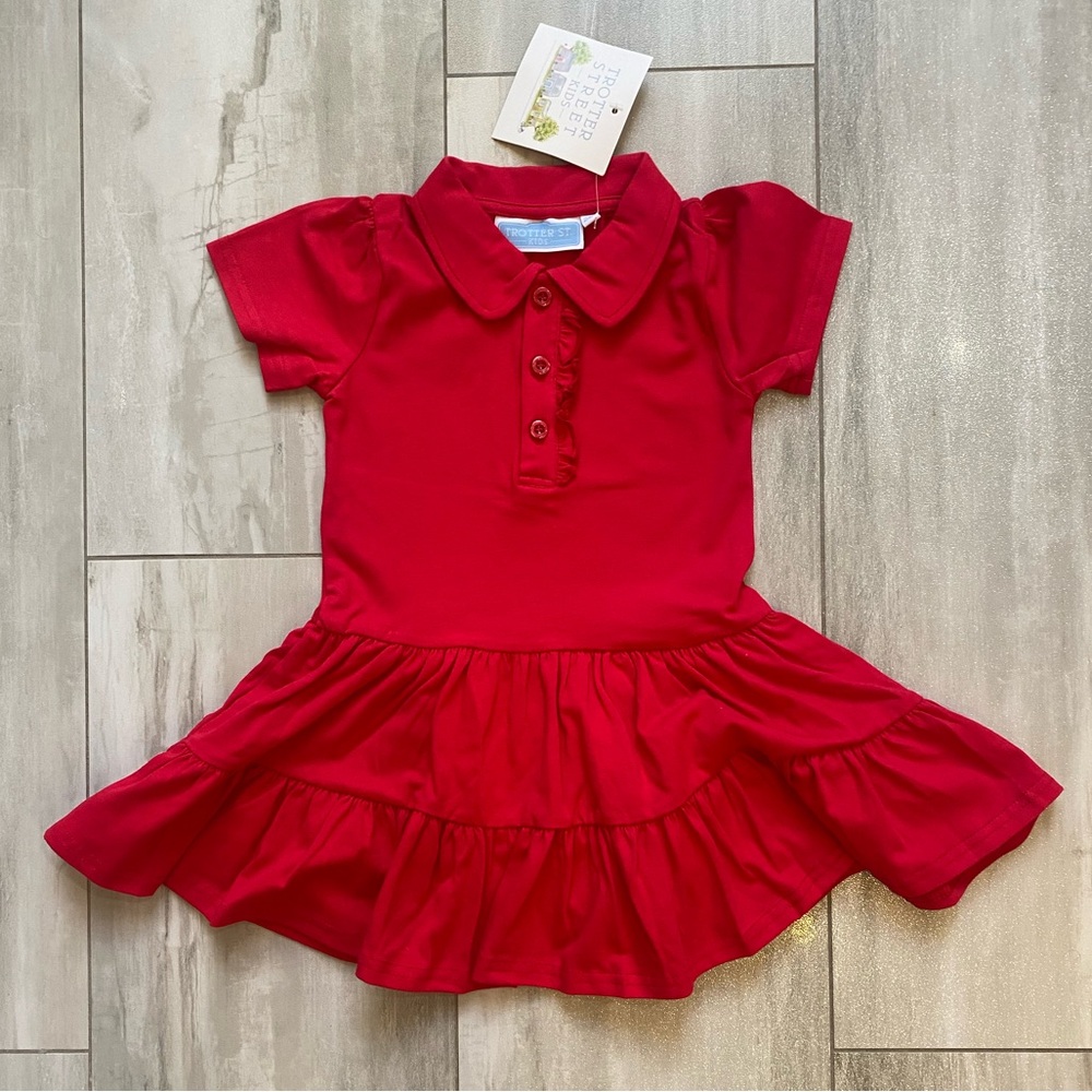 NWT Trotter Street Kids Vibrant Red Ruffled Polo Shirt Dress w/ Tiered Skirt 24M